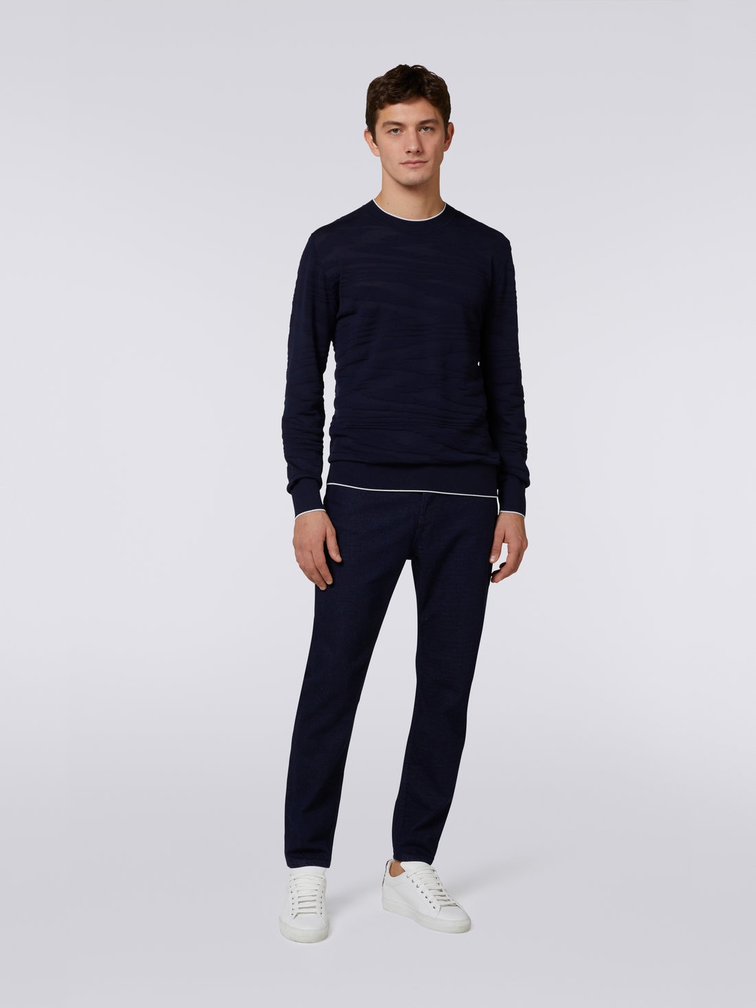 Wool and viscose crew-neck jumper with embossed working, Navy Blue  - UC23SN01BK021ZS728P - 1