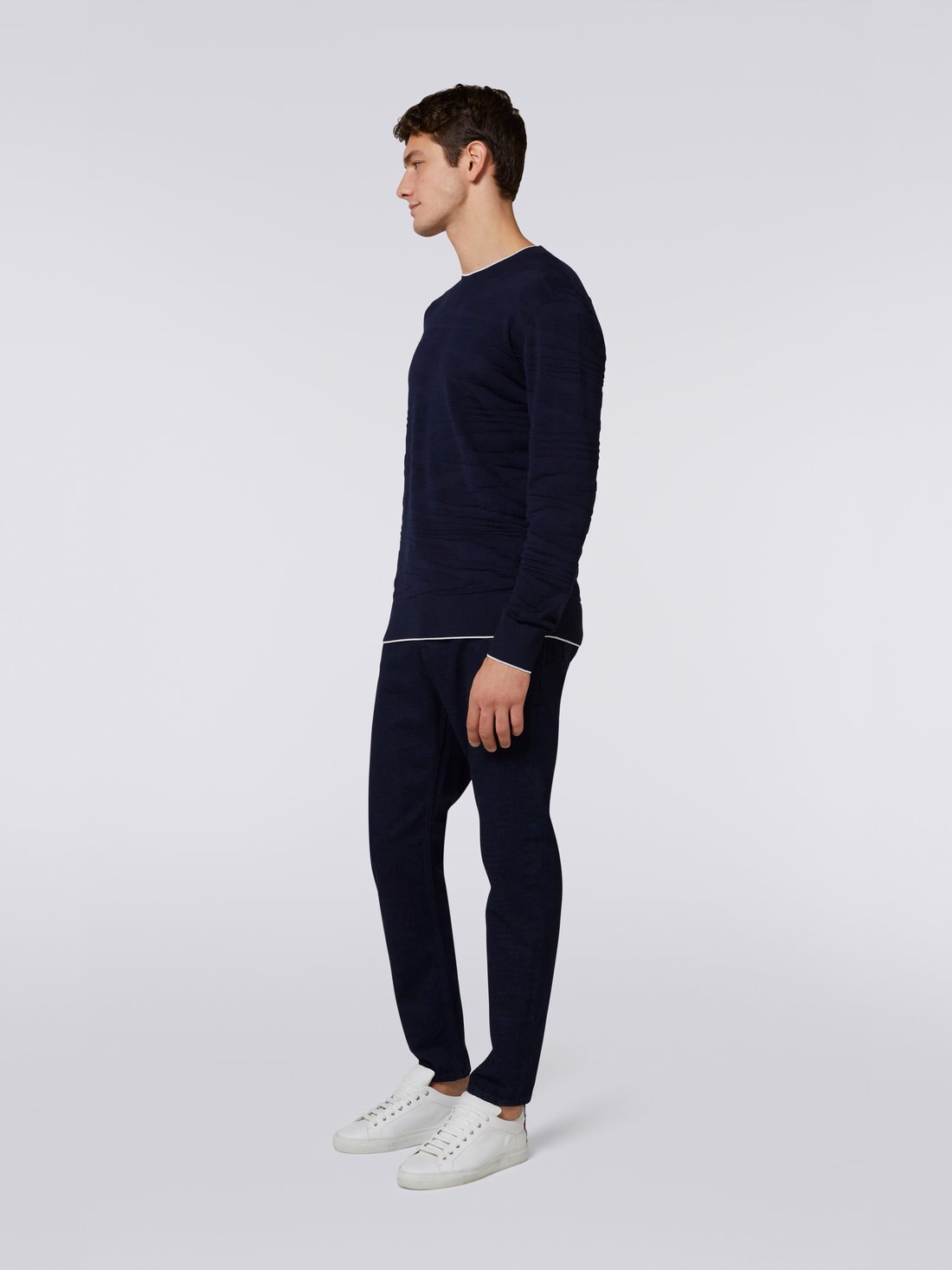 Wool and viscose crew-neck jumper with embossed working, Navy Blue  - 2
