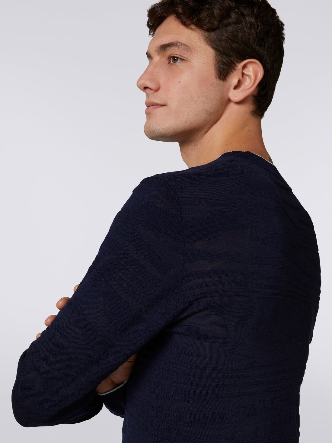 Wool and viscose crew-neck jumper with embossed working, Navy Blue  - 4