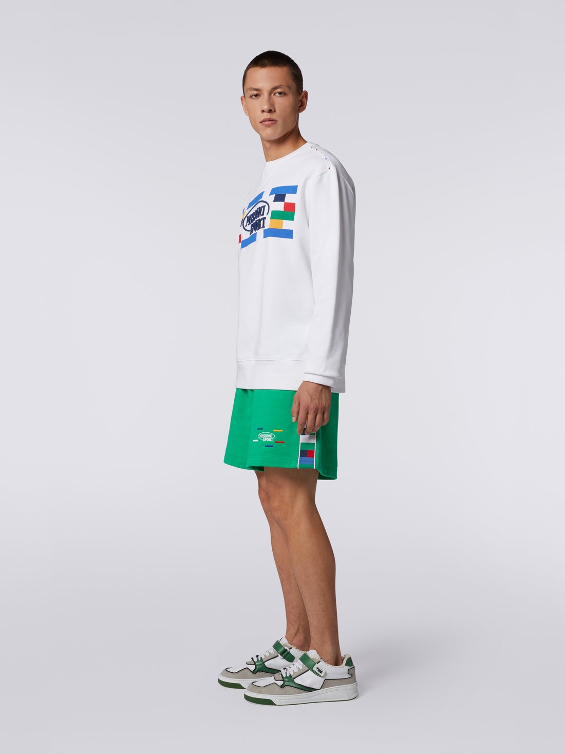 Crew-neck cotton sweatshirt with Legacy logo and knitted piping, White & Multicoloured Heritage - UC23SW00BJ00EDS0179 - 2
