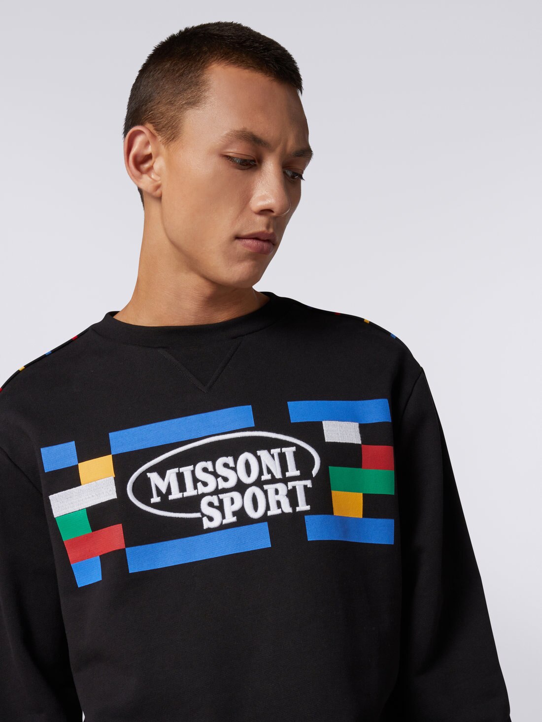 スウェットシャツ ラウンドネック コットン ニットパイピング レガシーロゴ入り ブラック＆マルチカラー | Missoni