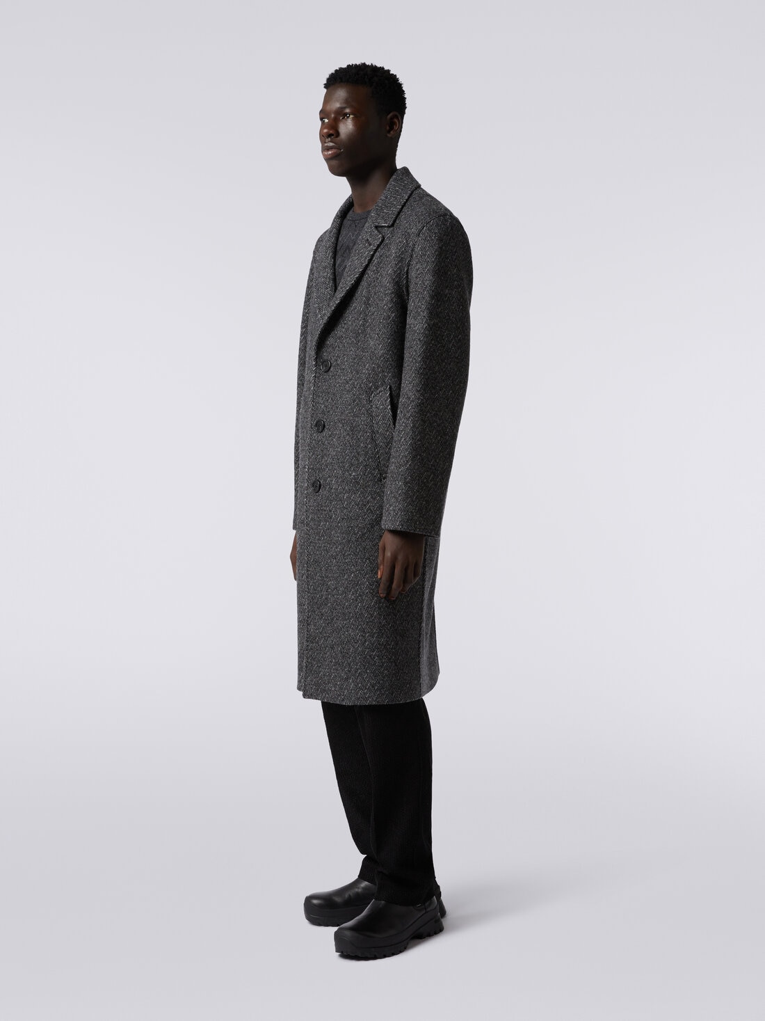 Boiled wool herringbone coat, Black    - UC23WC00BT003OS91HG - 2