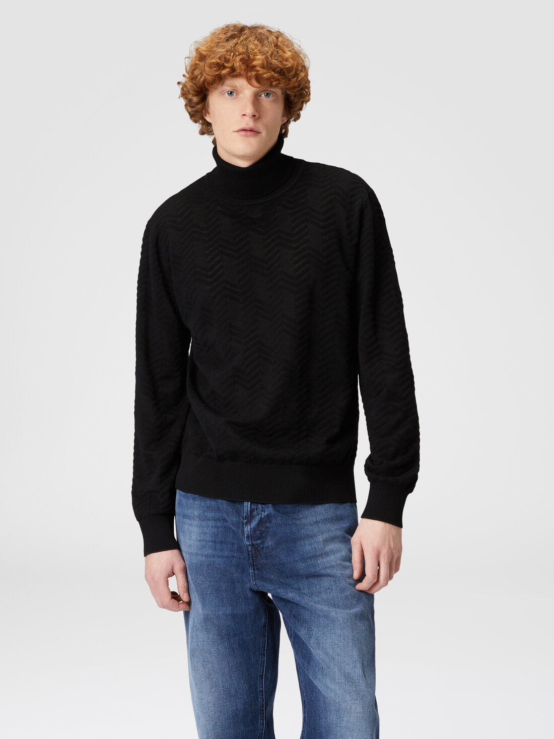 Wool turtleneck pullover with tone on tone chevron Black Missoni