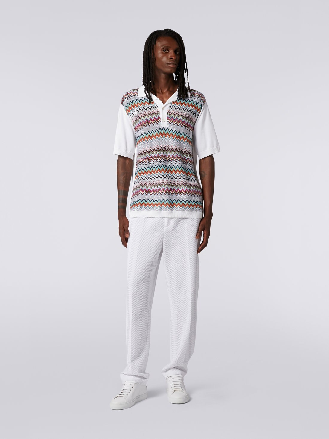 Polo a maniche corte in cotone e seta, Bianco & Multicolore - US23S207BK021XS0172 - 1