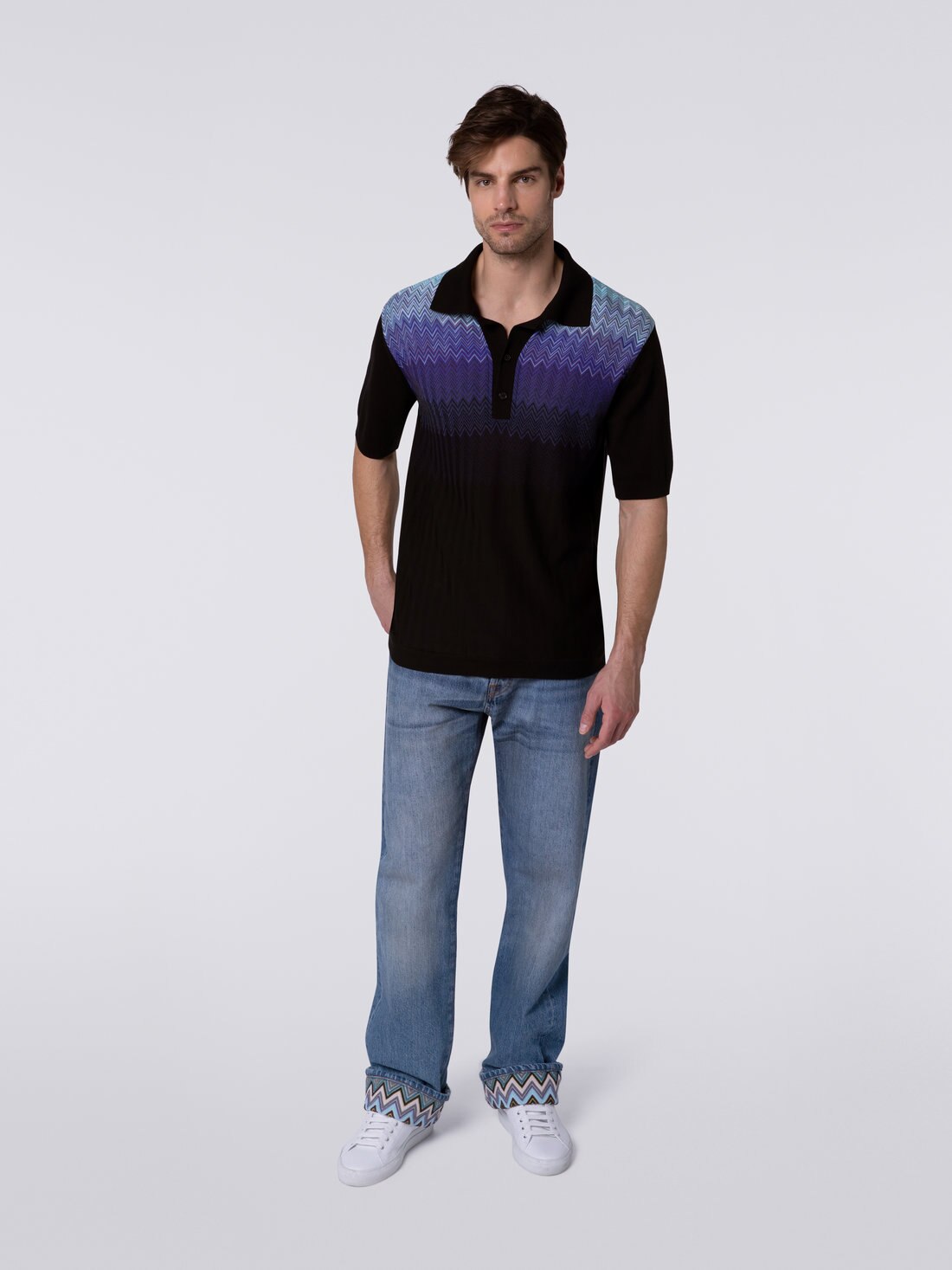Kurzärmeliges Poloshirt aus Baumwolle und Seide, Schwarz & Blau - US23S207BK021XS91DV - 1