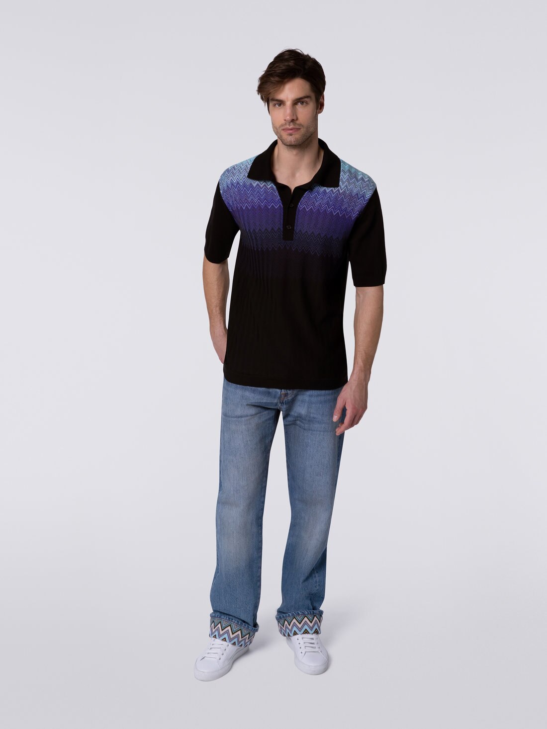 Polo a maniche corte in cotone e seta, Nero &  Blu - US23S207BK021XS91DV - 1