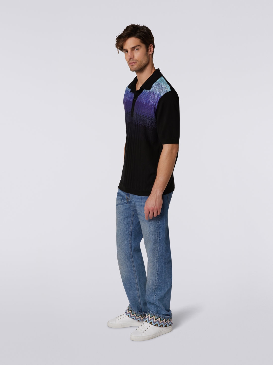 Kurzärmeliges Poloshirt aus Baumwolle und Seide, Schwarz & Blau - US23S207BK021XS91DV - 2