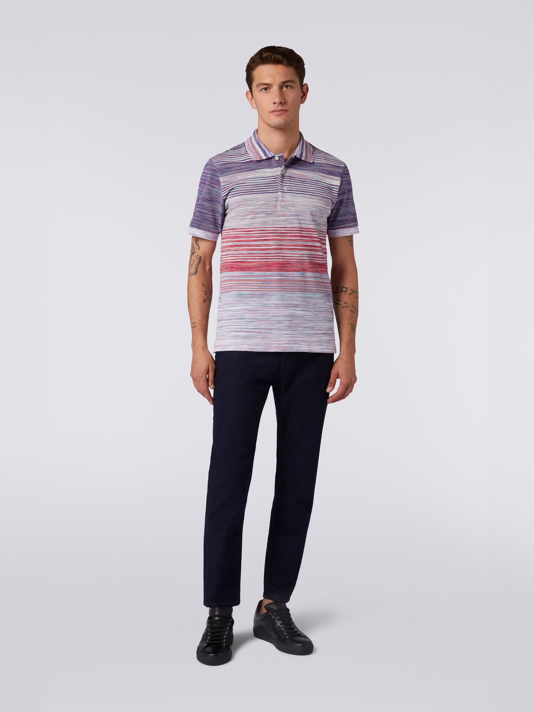 Poloshirt aus Baumwollpiqué in Flammgarnoptik, Rot, Violett & Hellblau - US23S20HBJ0014F402H - 1