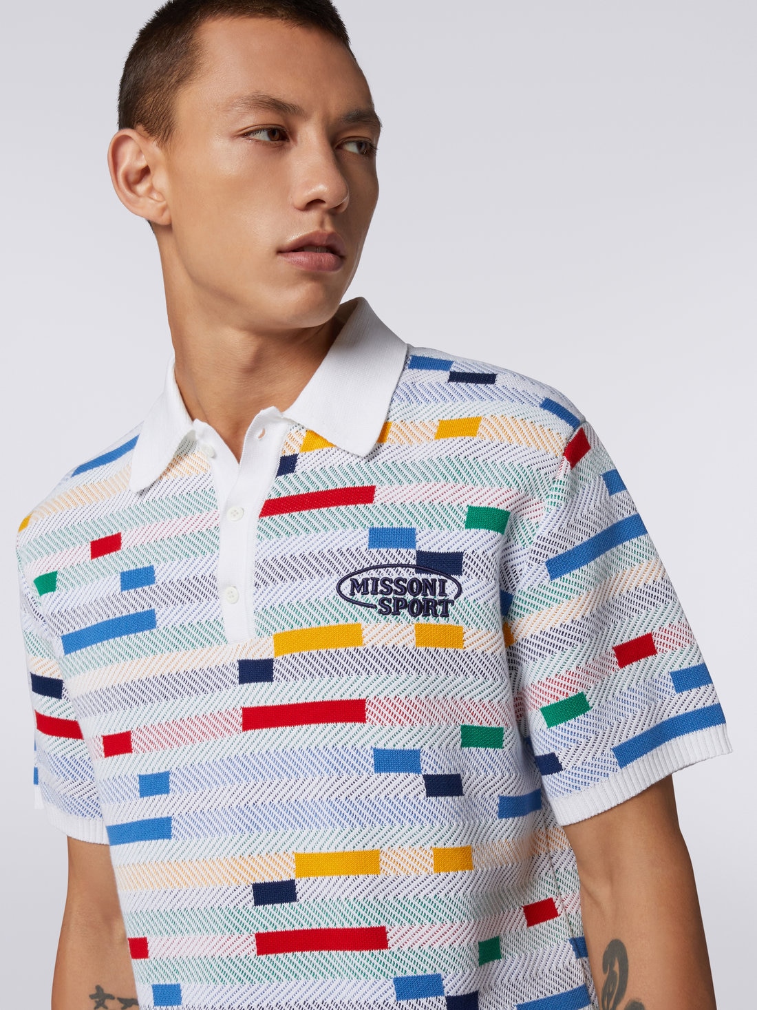 Cotton polo shirt with jacquard working and embroidered logo, White & Multicoloured Heritage - US23S20JBK023DS017M - 4