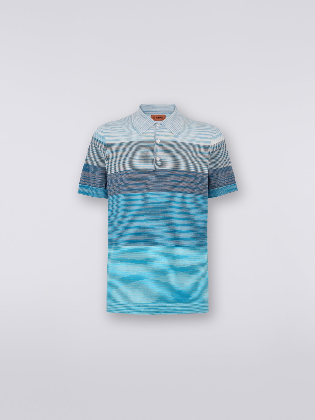 Kurzärmeliges Poloshirt aus gestreifter Baumwolle mit Dégradé-Effekt, Weiß & Hellblau - US23S20PBK012QS7294 - 0