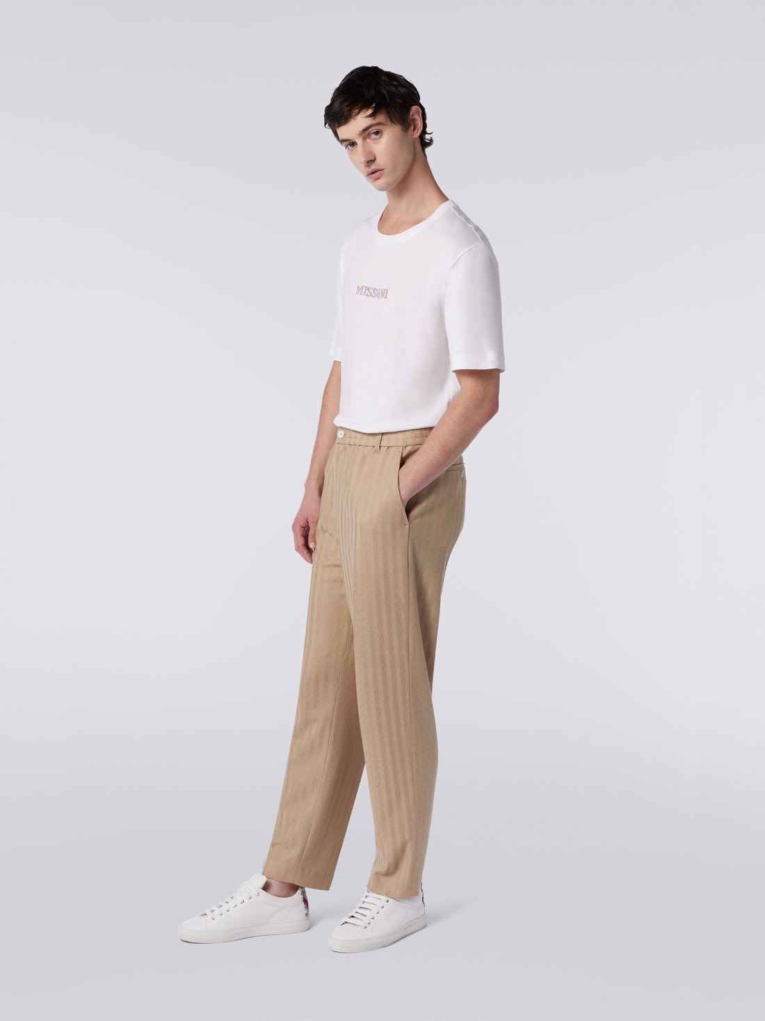 Pantalon à chevrons en viscose et coton avec pli repassé, Blanc  - US23SI00BR00L051307 - 2