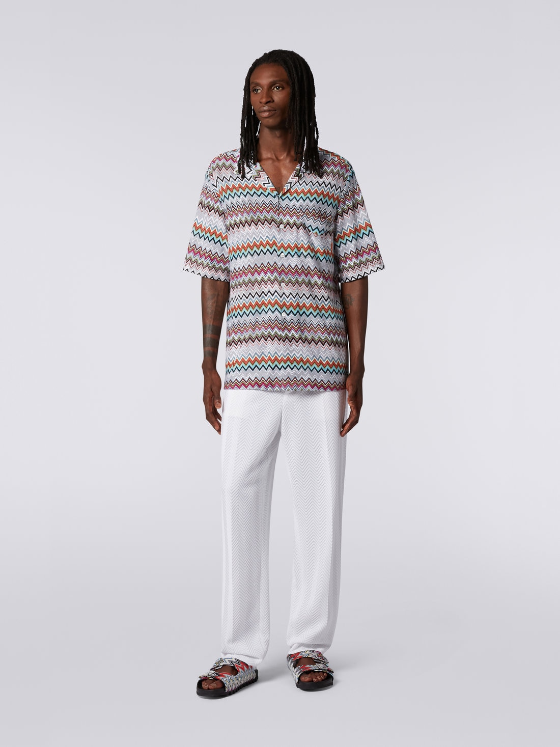 Short-sleeved cotton and viscose bowling shirt, Multicoloured  - US23SJ07BR00KESM8LK - 1