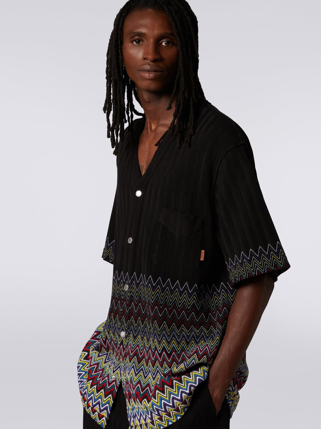 Zigzag print cotton tunic, Black    - US23SJ0DBR00KFS91DE - 4