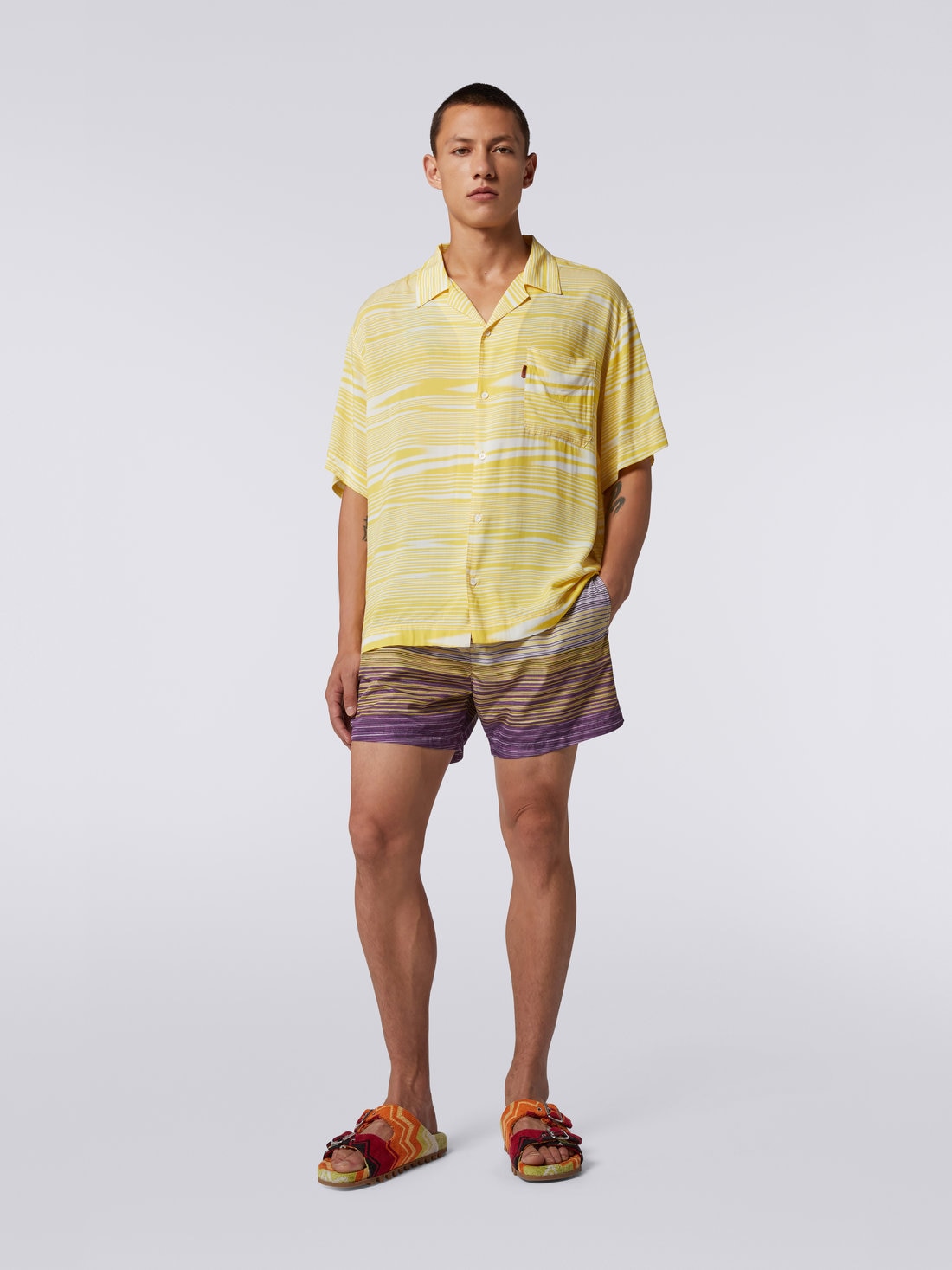 Short-sleeved viscose bowling shirt, White & Yellow - US23SJ0RBW00M3S109O - 1