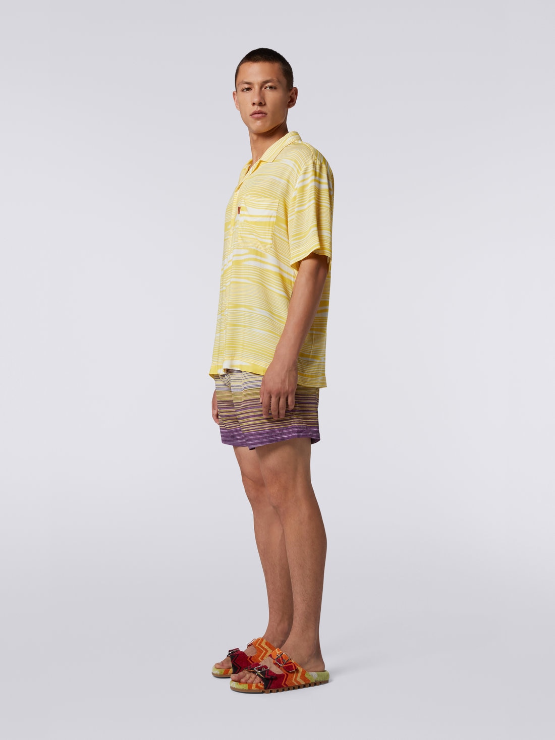 Short-sleeved viscose bowling shirt, White & Yellow - US23SJ0RBW00M3S109O - 2