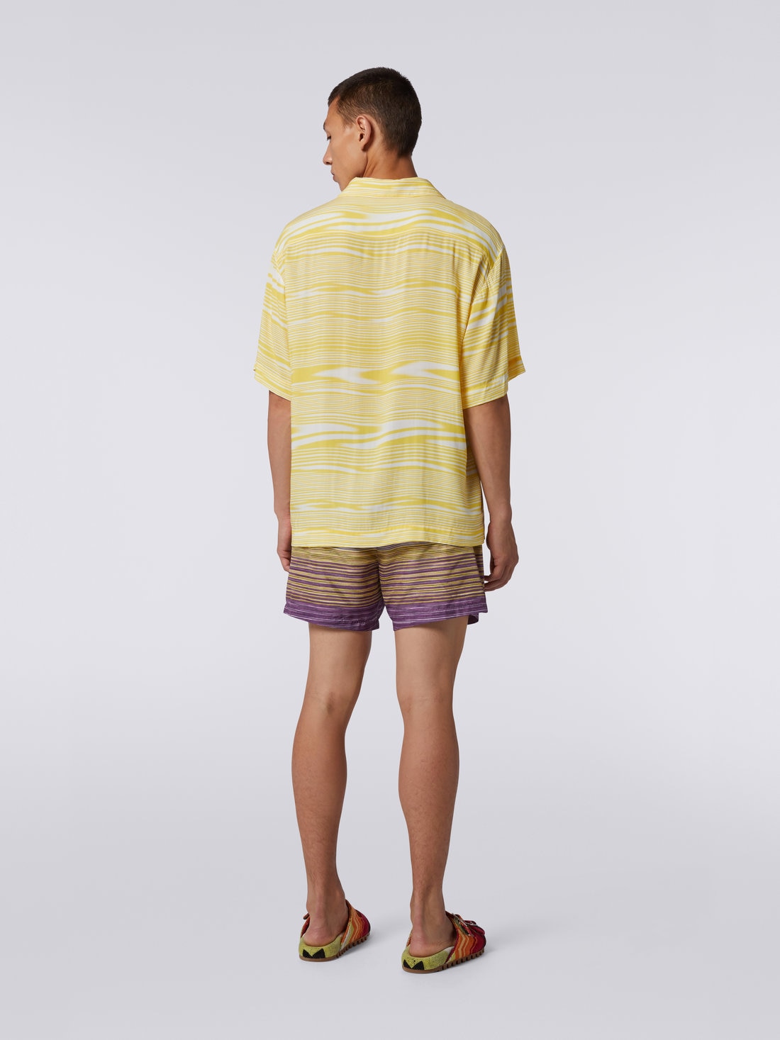 Short-sleeved viscose bowling shirt, White & Yellow - US23SJ0RBW00M3S109O - 3
