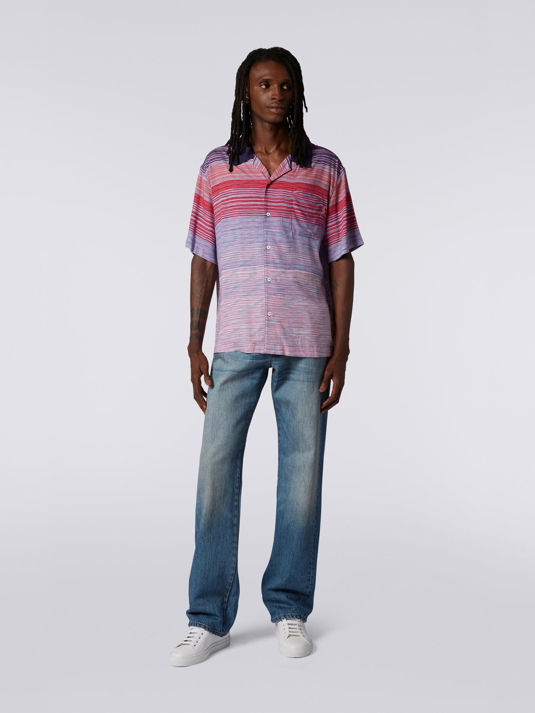 Chemise style bowling en coton à manches courtes, Rouge, Violet & Bleu Clair - US23SJ0RBW00M5F402H - 1