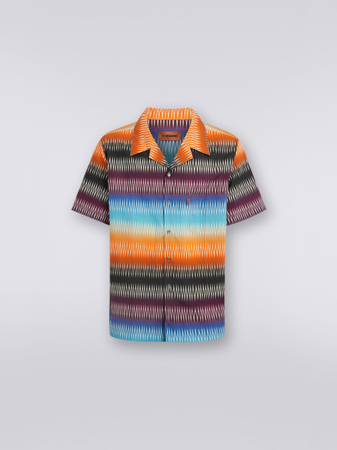 Short-sleeved cotton bowling shirt with zigzag print, Multicoloured  - US23SJ0SBW00N9S72AD - 0