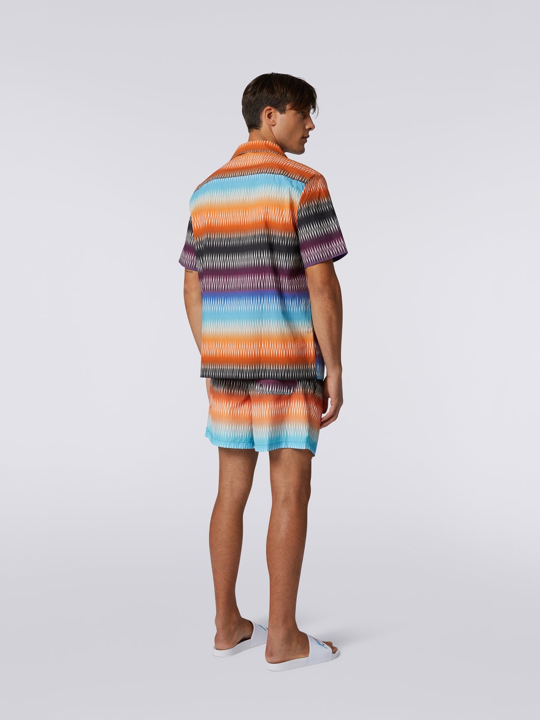 Short-sleeved cotton bowling shirt with zigzag print, Multicoloured  - US23SJ0SBW00N9S72AD - 3