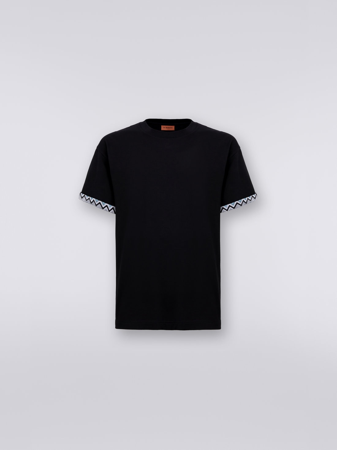 T-shirt girocollo in cotone con inserto in maglia, Nero    - US23SL03BJ00DES91DK - 0