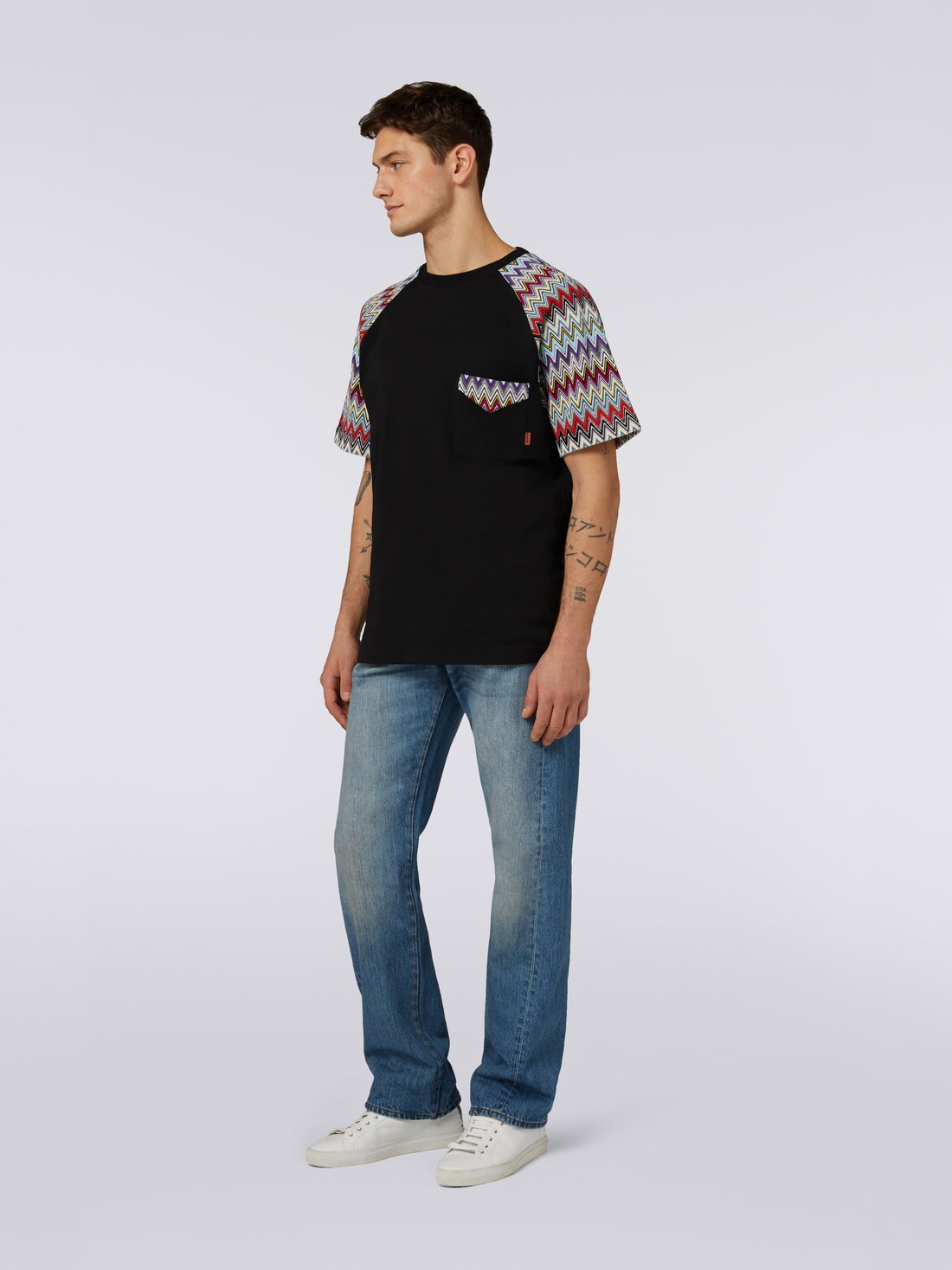 T-shirt girocollo in cotone con inserti in maglia, Nero    - US23SL0ABJ00E1S91DL - 1