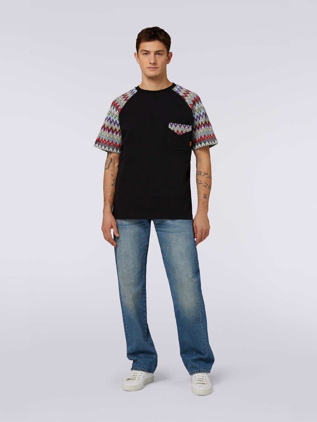 T-shirt girocollo in cotone con inserti in maglia, Nero    - US23SL0ABJ00E1S91DL - 2