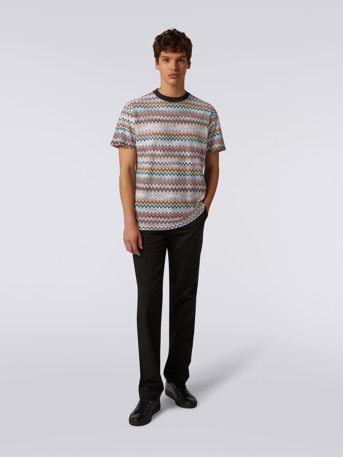 Cotton and viscose zigzag crew-neck T-shirt, Multicoloured  - US23SL0BBR00KESM8LK - 1