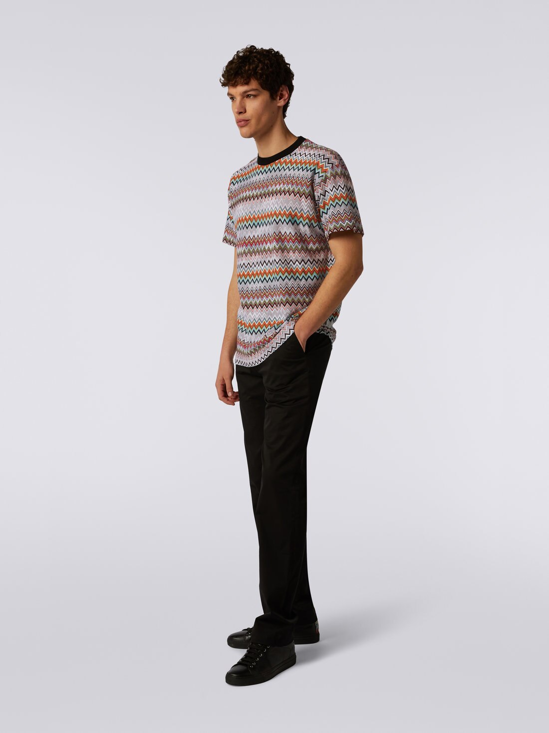 Cotton and viscose zigzag crew-neck T-shirt, Multicoloured  - US23SL0BBR00KESM8LK - 2