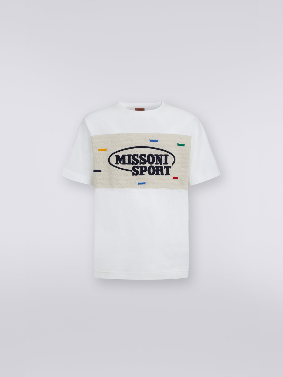Cotton crew-neck T-shirt with knitted insert and logo, White & Multicoloured Heritage - US23SL0YBJ00EOS017O - 0