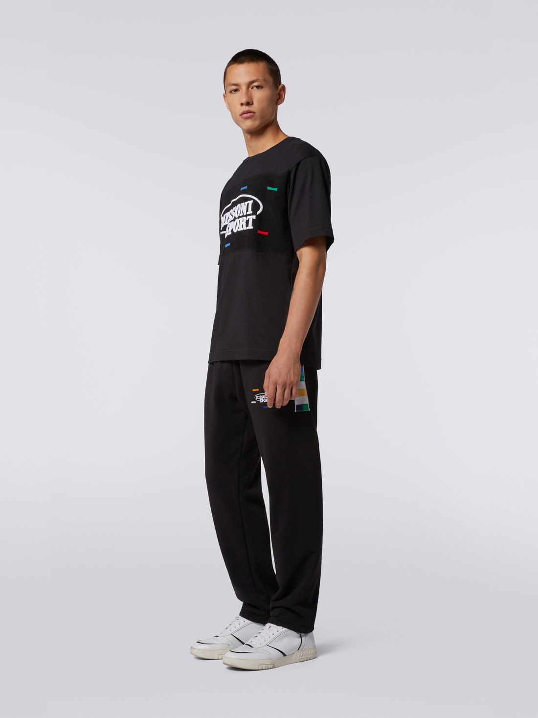 Cotton crew-neck T-shirt with knitted insert and logo, Black & Multicoloured - 8051575746949 - 2