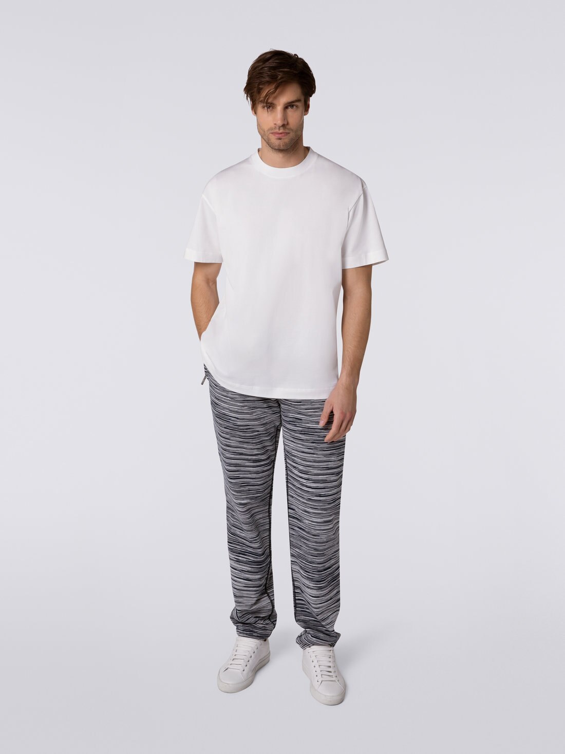 T-shirt girocollo a maniche corte in cotone con logo, Bianco & Celeste - 8051575715402 - 1