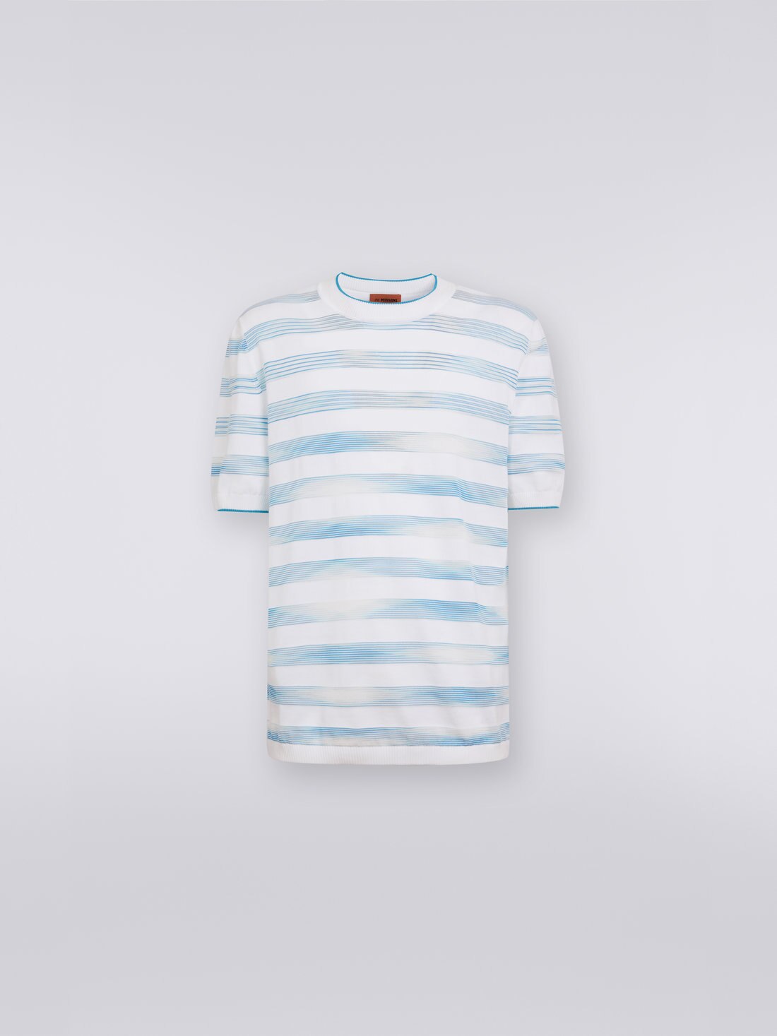 Gestreiftes T-Shirt aus Baumwolle und Viskose mit Rundhalsausschnitt, Weiß & Himmelblau - 8051575734939 - 0