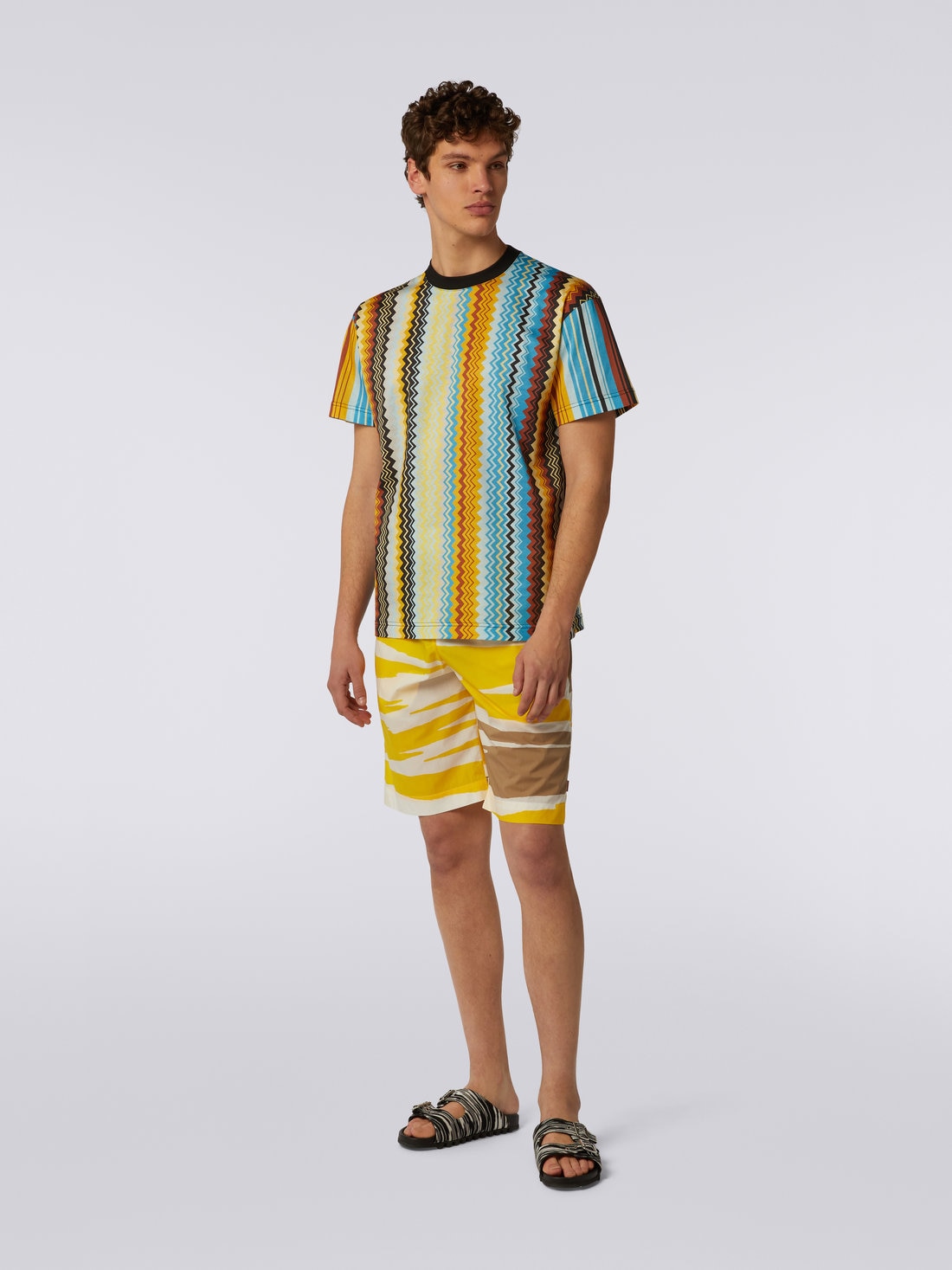 T-shirt en coton à col ras du cou avec imprimé zigzag, Multicolore  - US23SL19BJ00EWS109N - 1