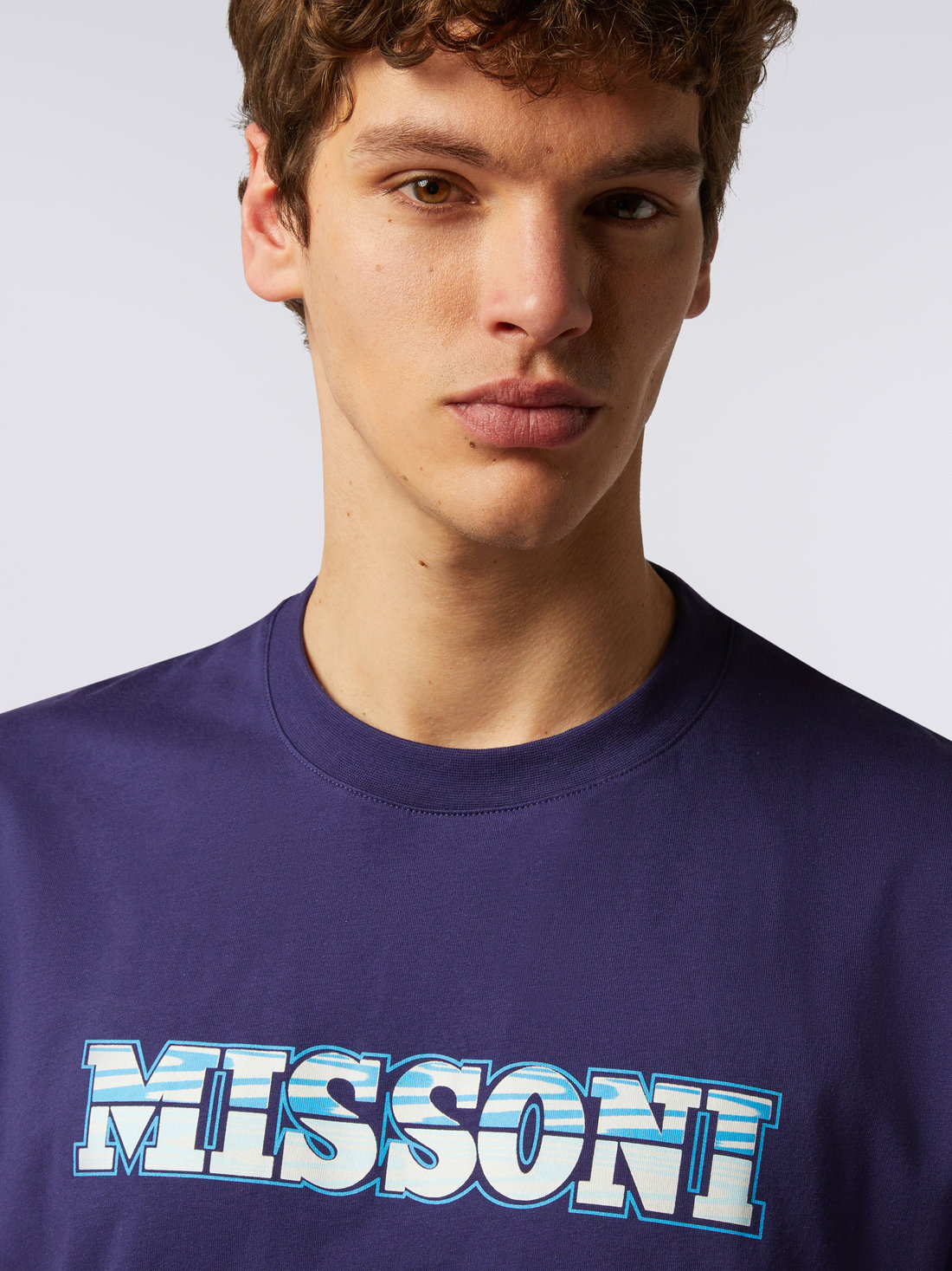 T-shirt à col ras du cou en jersey de coton logo imprimé, Bleu - US23SL19BJ00EXS7297 - 4