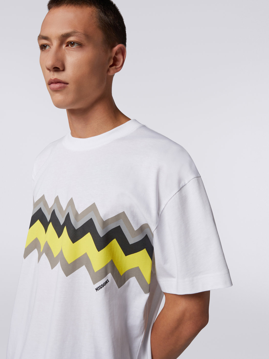 T-shirt à col ras du cou en jersey de coton zigzag, Blanc, Jaune & Gris - US23SL19BJ00EYS109R - 4