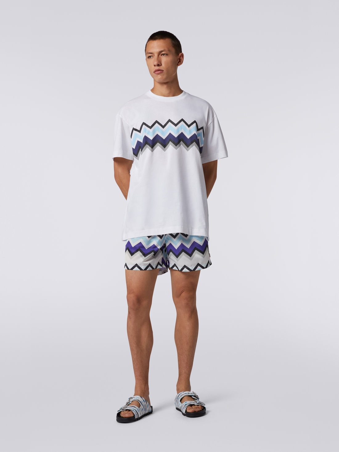 T-shirt à col ras du cou en jersey de coton zigzag, Blanc, Noir & Bleu   - US23SL19BJ00EYS7296 - 1