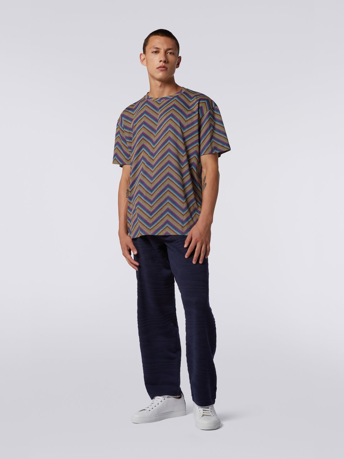 T-shirt en coton à col ras du cou avec imprimé zigzag intégral, Multicolore  - US23SL19BJ00EZS91DJ - 1