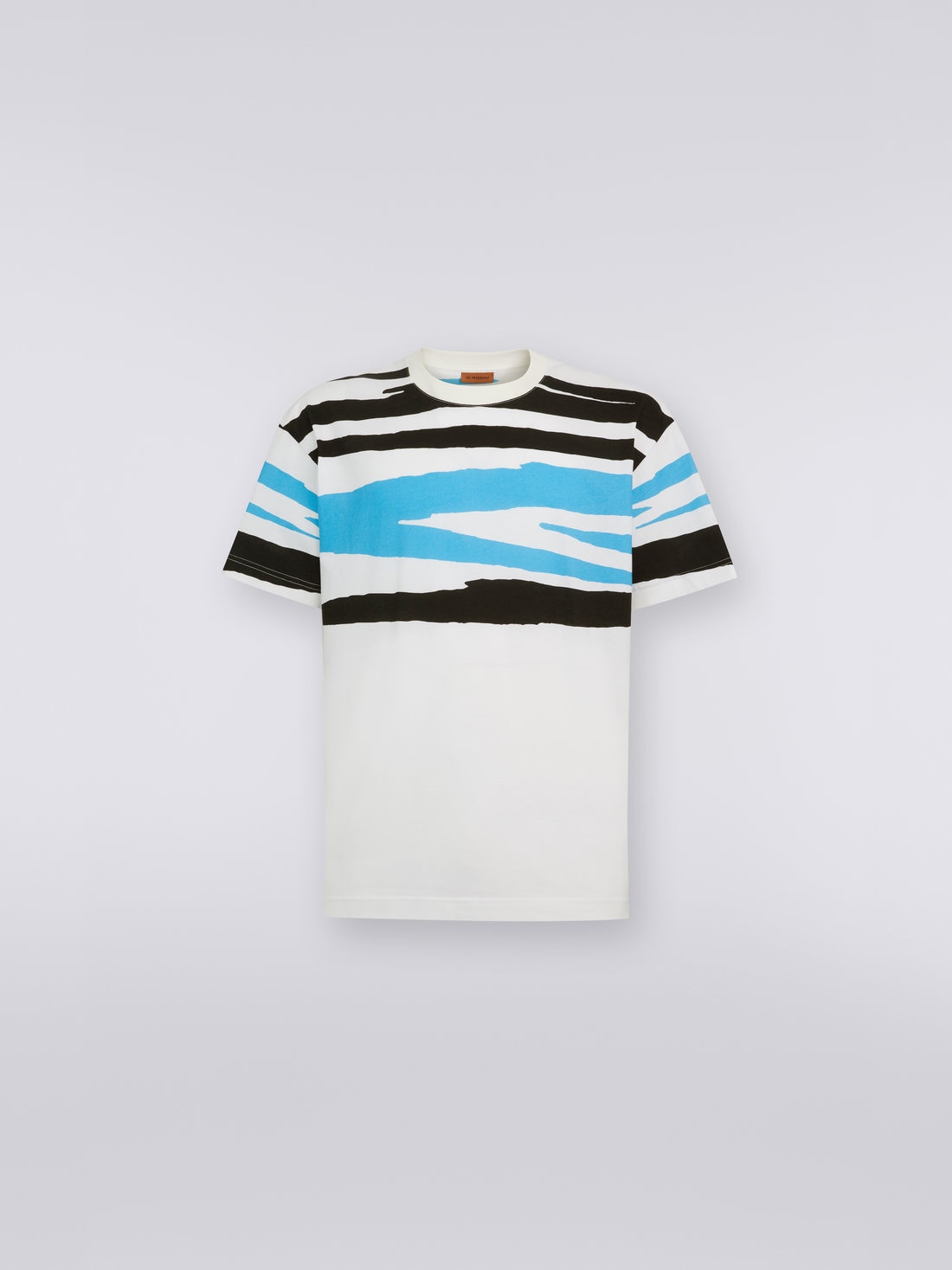 T-shirt à col ras du cou en jersey de coton flammé, Blanc, Noir & Bleu   - US23SL19BJ00F3S728V - 0
