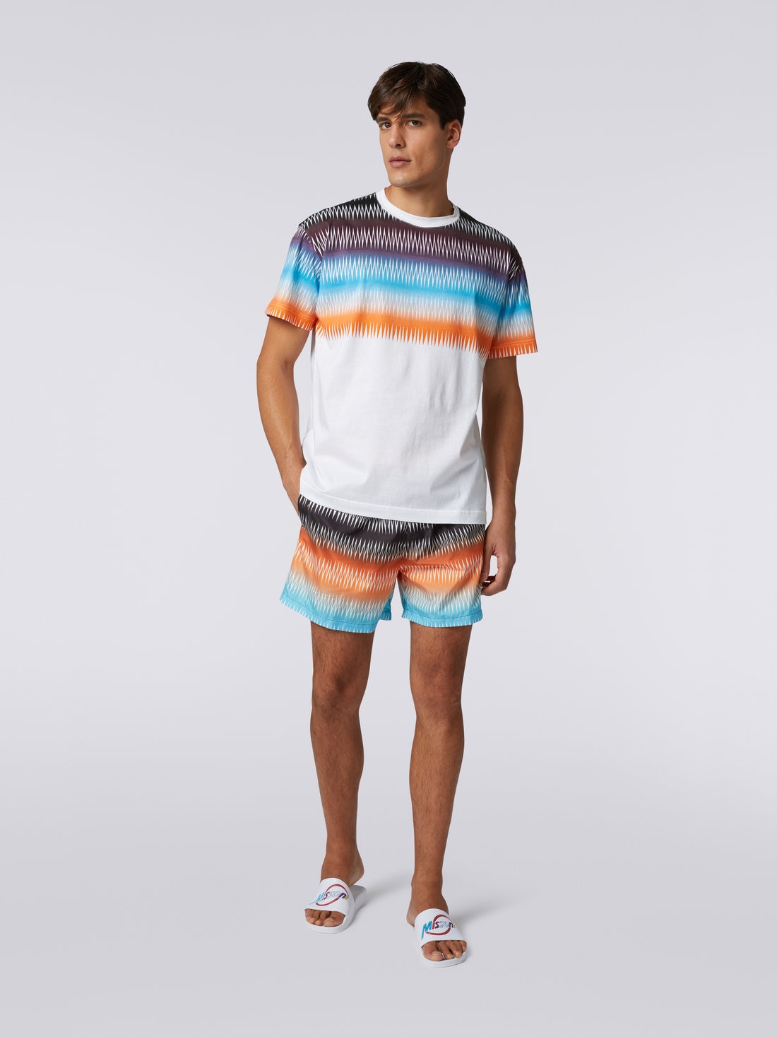 Oversized cotton crew-neck T-shirt with dégradé zigzag print, Multicoloured - US23SL19BJ00FPS0187 - 1
