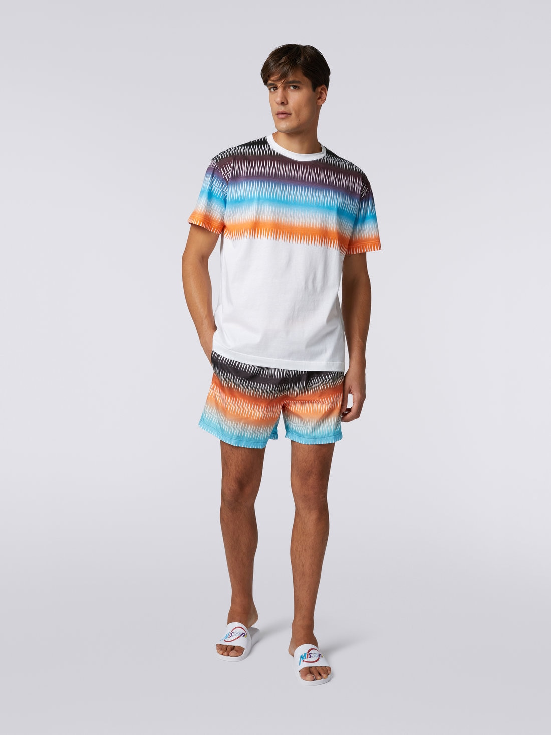 T-shirt à col rond oversize en coton avec zigzag dégradé, Multicolore  - US23SL19BJ00FPS0187 - 1