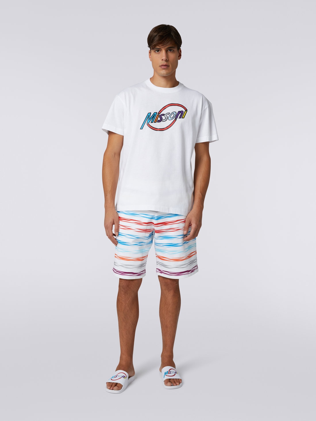 T-shirt à col rond en coton oversize avec imprimé logo multicolore, Blanc  - US23SL19BJ00FRS0180 - 1