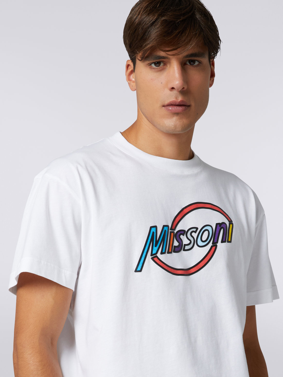 Crew-neck oversized cotton T-shirt with multicoloured logo lettering, White  - US23SL19BJ00FRS0180 - 4