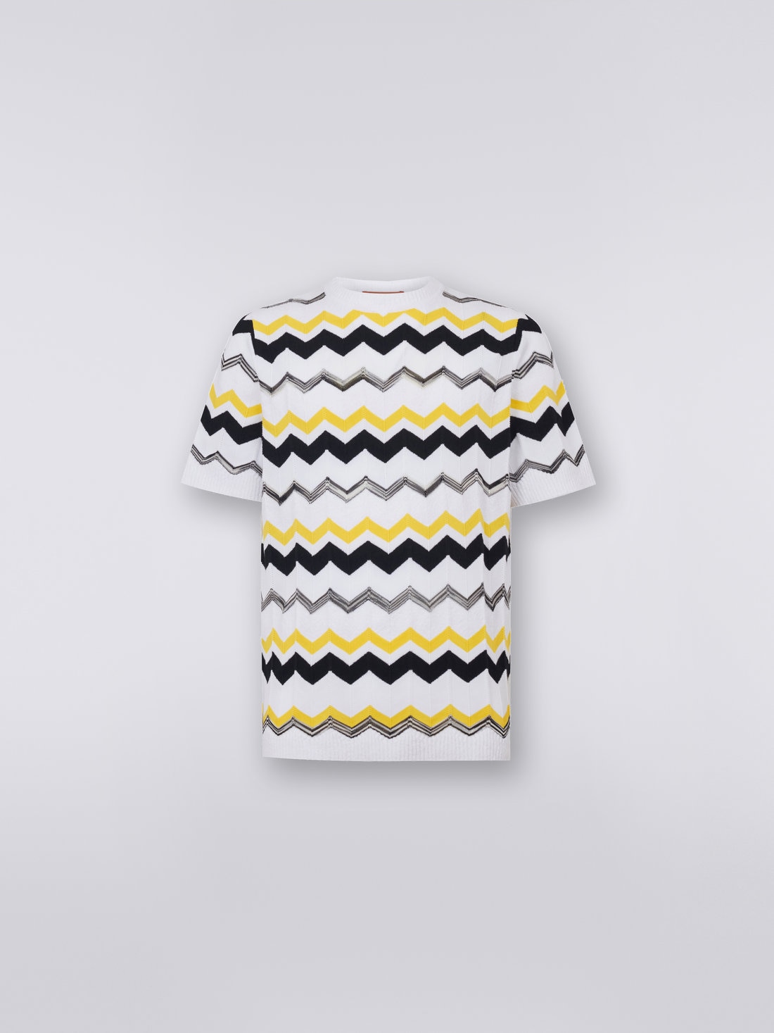 Short-sleeved crew-neck T-shirt in chevron cotton knit, White, Beige & Yellow - 8051575759512 - 0