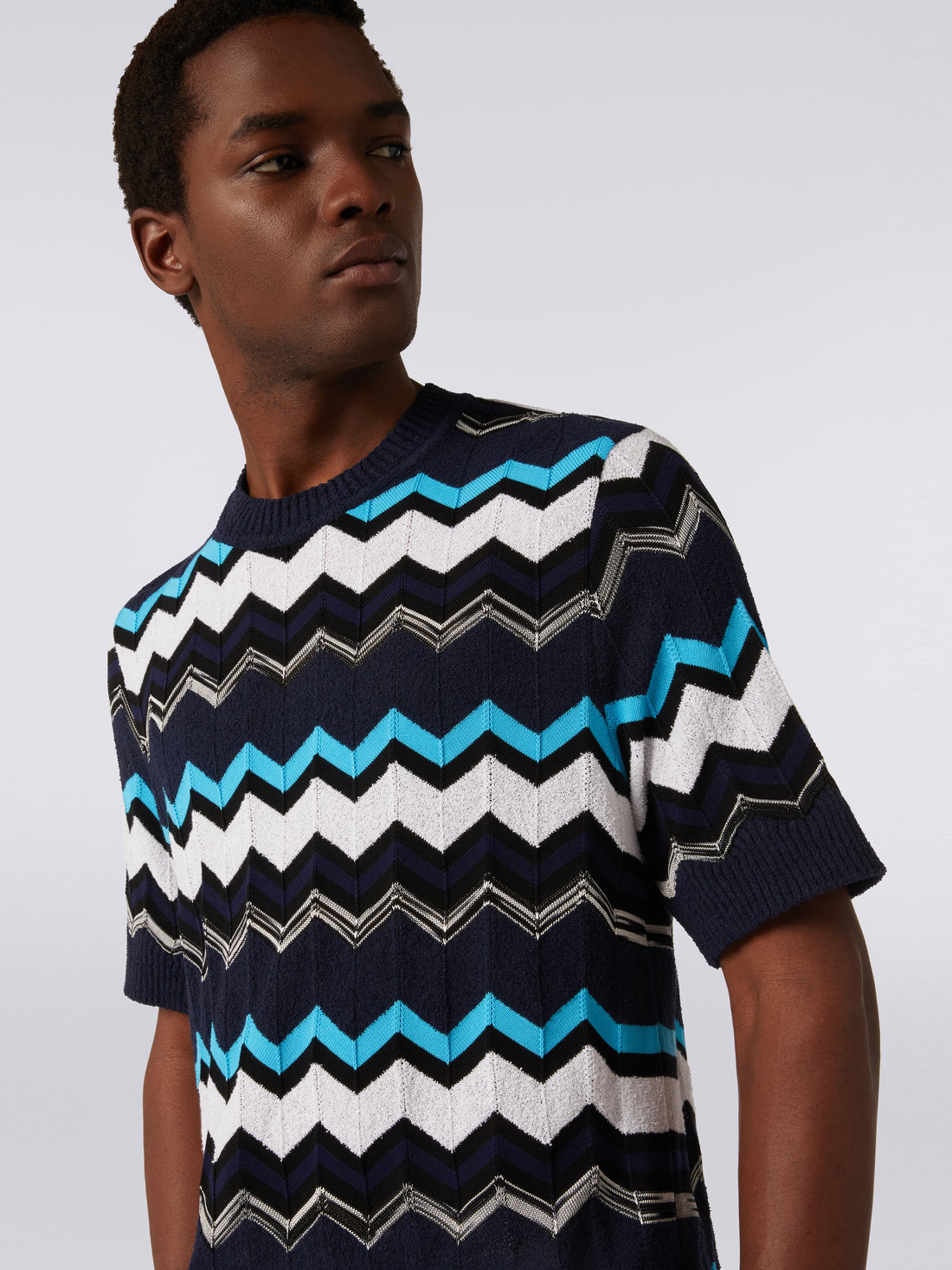 Short-sleeved T-shirt cotton knit & Blue crew-neck Black Missoni | White, in chevron