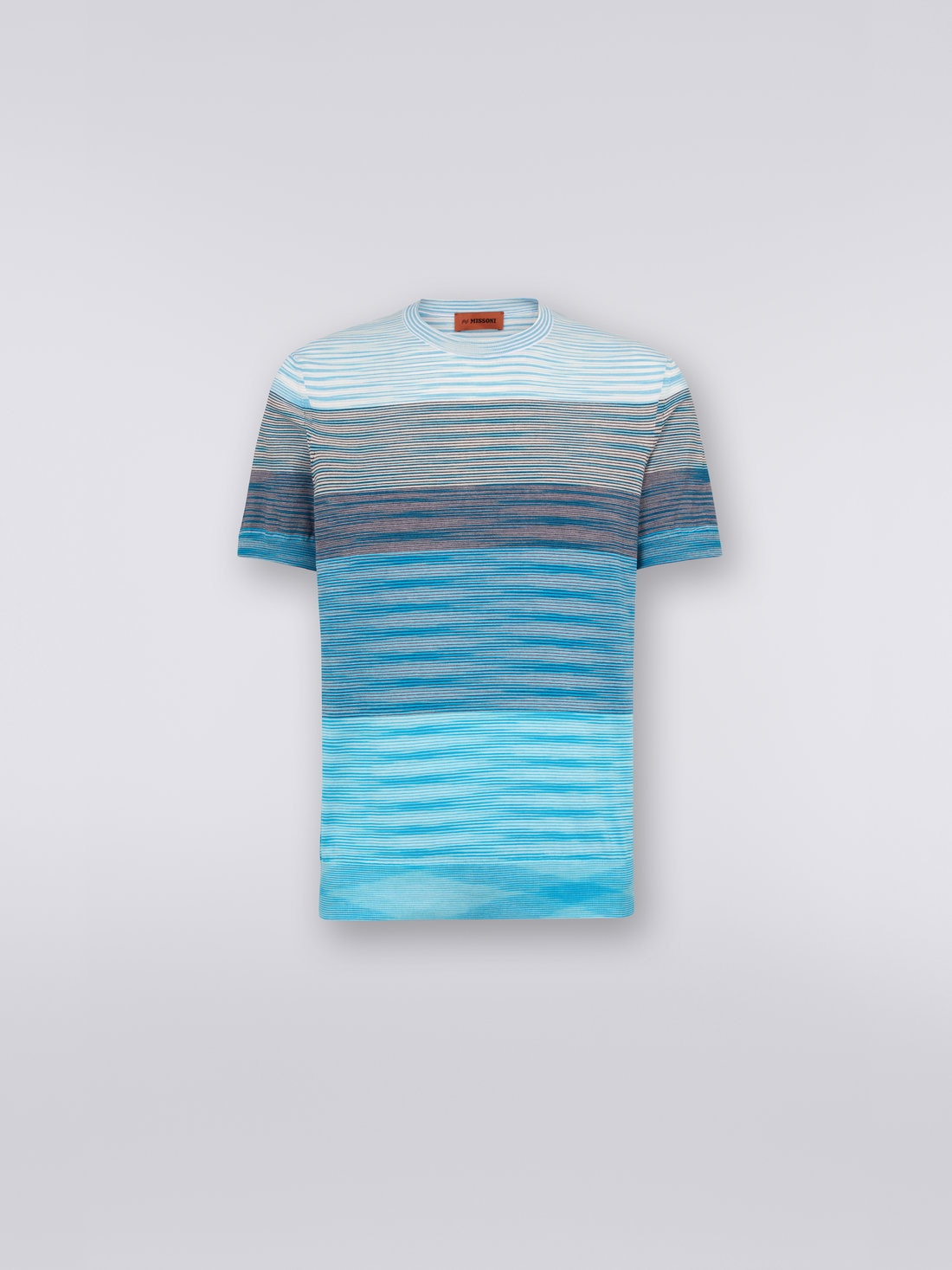 Kurzärmeliges T-Shirt aus Baumwollstrick mit Rundhalsausschnitt und Dégradé-Streifen, Weiß & Himmelblau - US23SL1CBK012QS7294 - 0