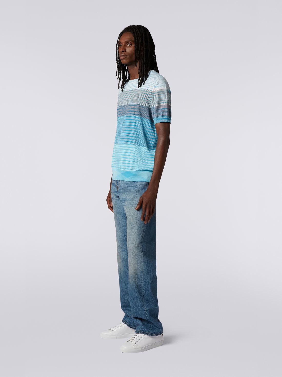 Short-sleeved crew-neck T-shirt in cotton knit with dégradé stripes, White & Sky Blue - US23SL1CBK012QS7294 - 2