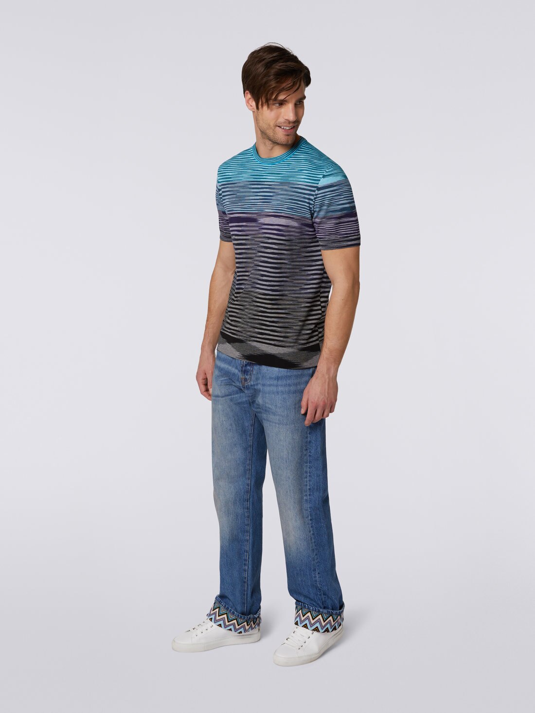 T-shirt girocollo a maniche corte in maglia di cotone con righe dégradé, Blu, Viola & Nero - US23SL1CBK012QS91DS - 2