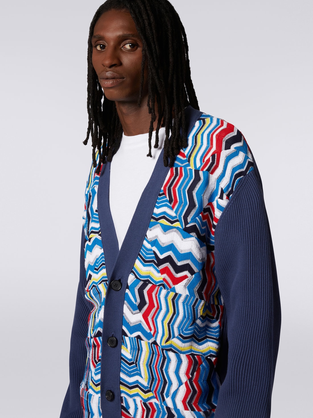 Oversized viscose blend cardigan with patchwork inserts, Blue - 4