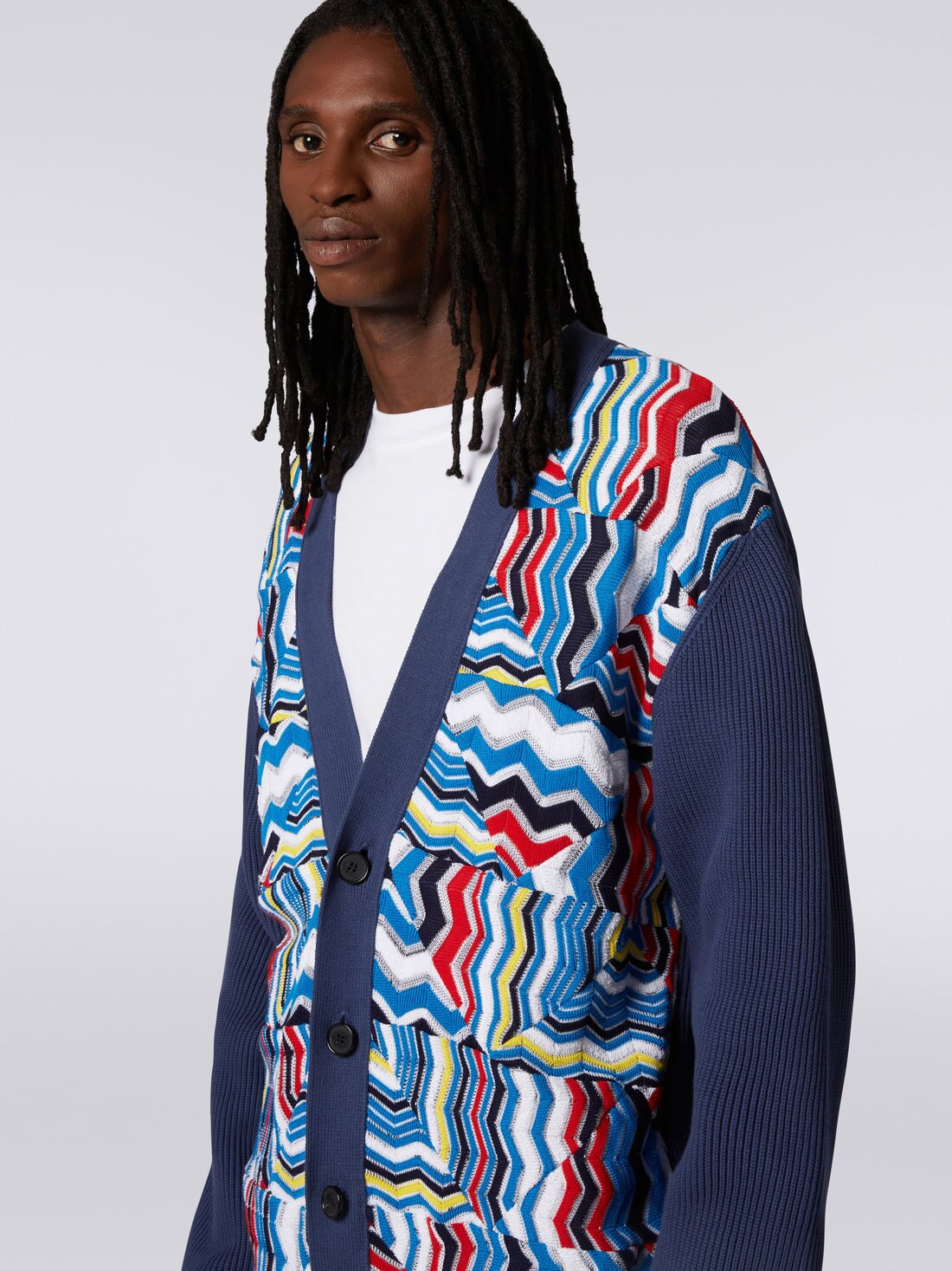 Cardigan oversize en viscose avec empiècements en patchwork, Bleu - US23SM0NBK023IS7291 - 4