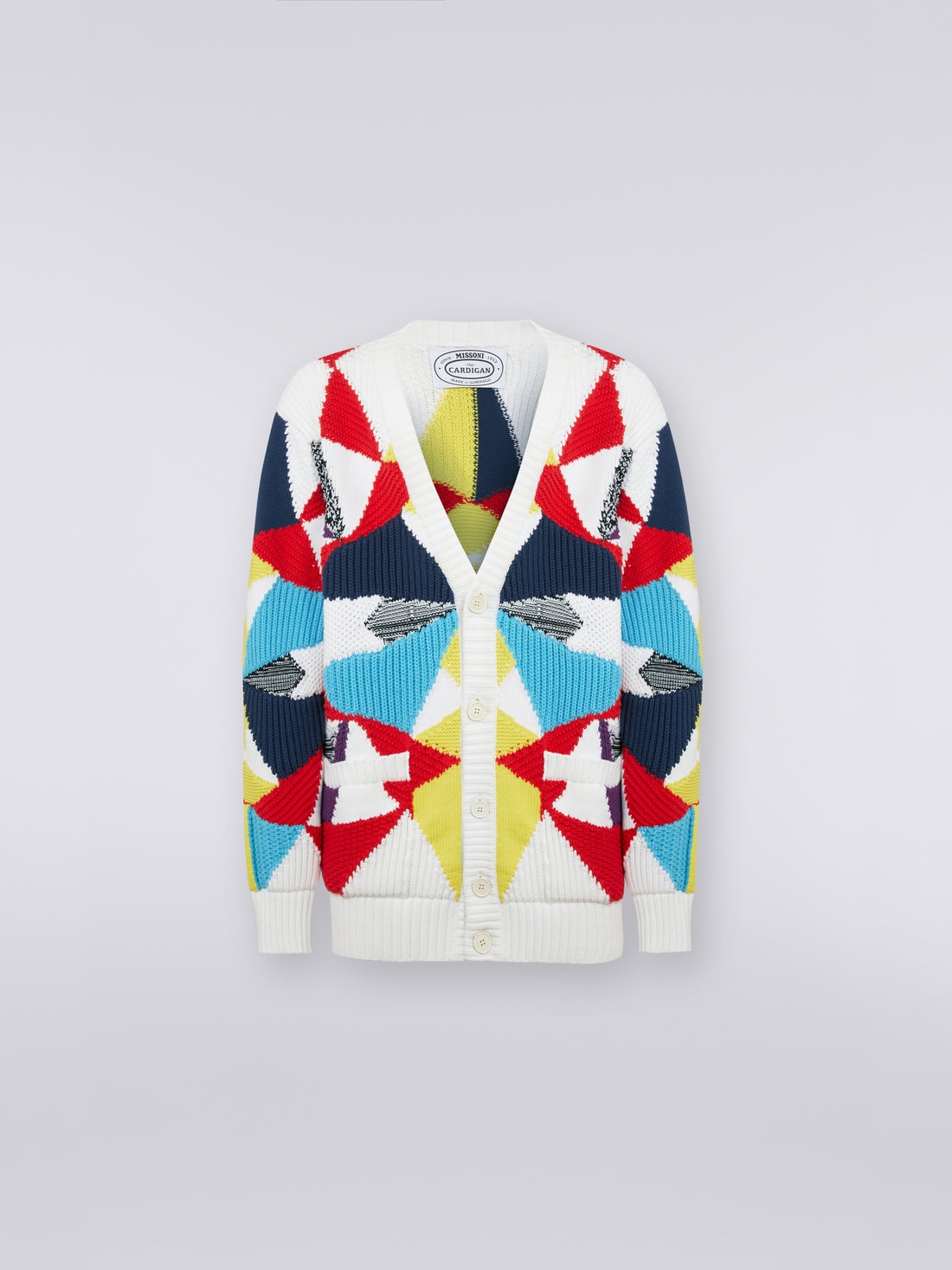 Cotton blend cardigan with multi-point intarsia details, Multicoloured - US23SM0SBK022WSM8MX - 0